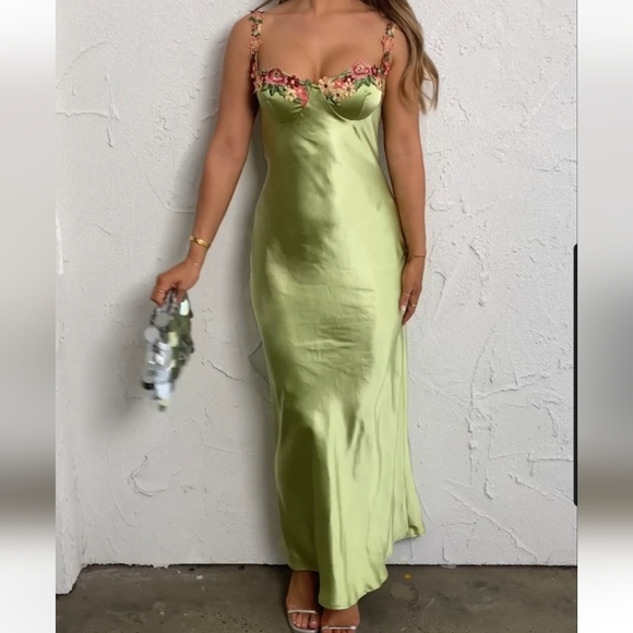 Selfie Leslie Satin Slip Dress with Floral Trim - Picture 3 of 11